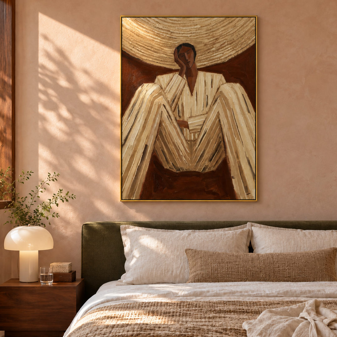 textured figurative portrait wall art in cream brown and gold in a coordinated modern interior