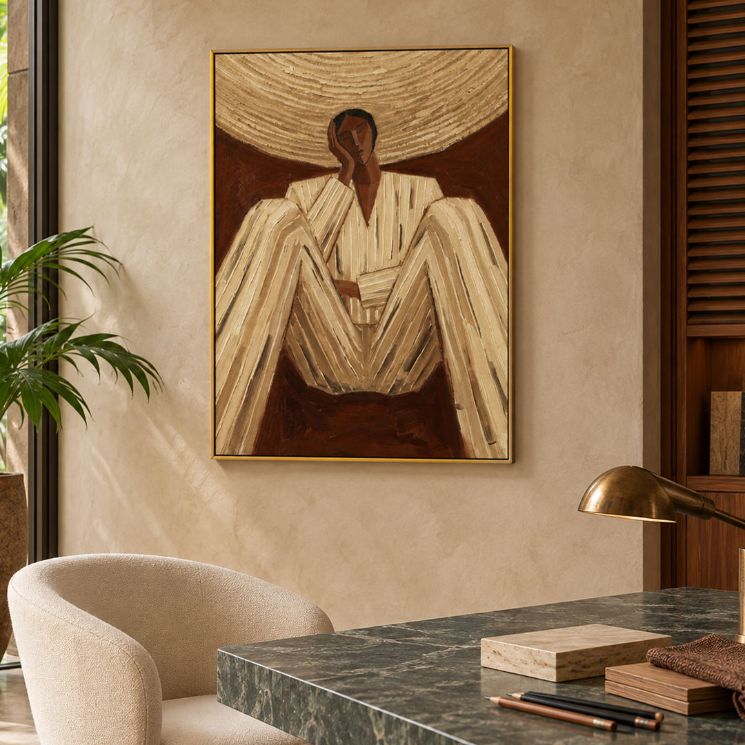 textured figurative portrait wall art in cream brown and gold in a coordinated modern interior