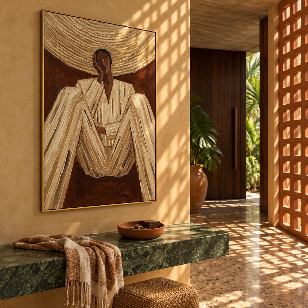 textured figurative portrait wall art in cream brown and gold in a coordinated modern interior