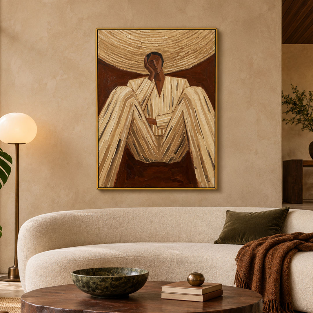 textured figurative portrait wall art in cream brown and gold displayed in a styled living room