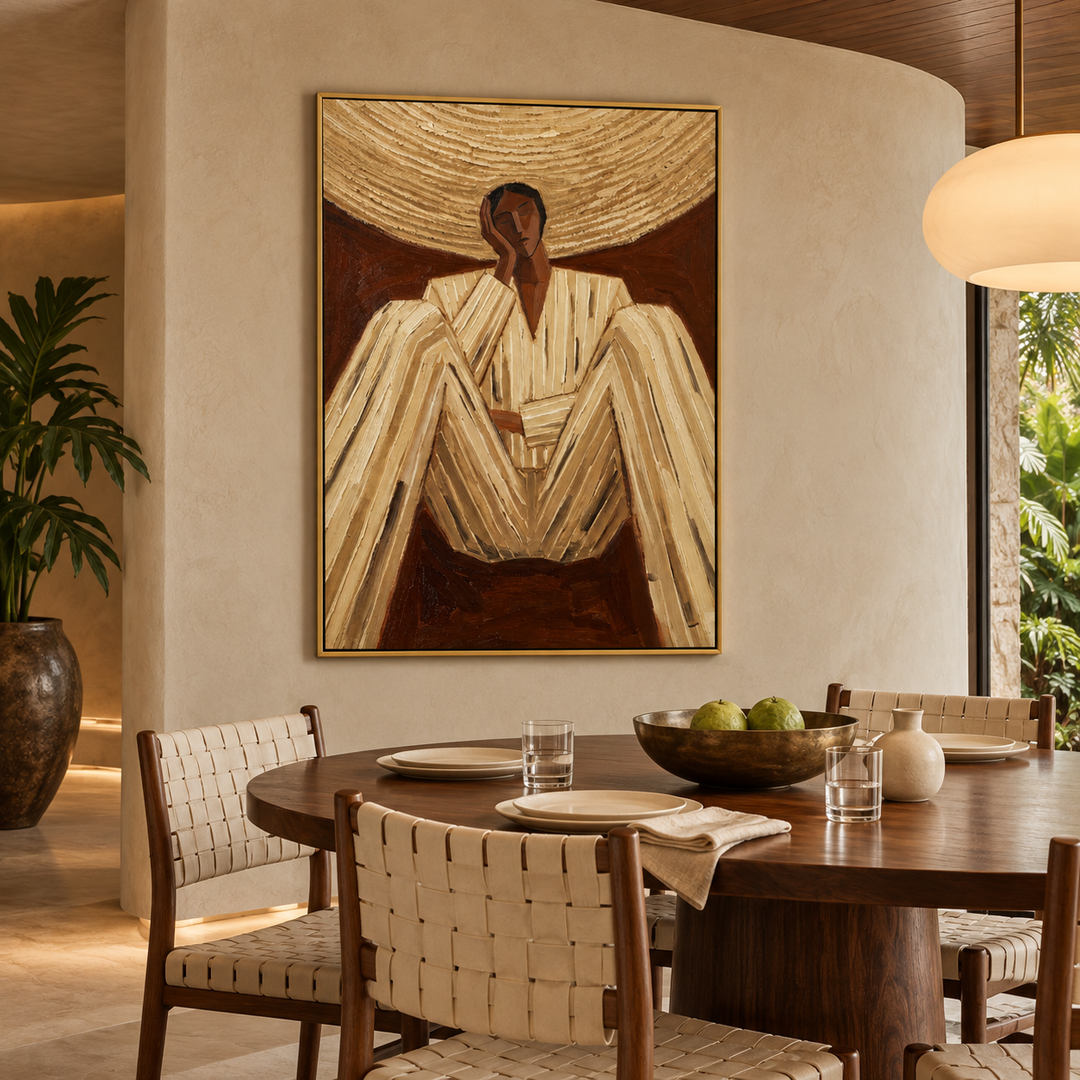 textured figurative portrait wall art in cream brown and gold in a coordinated modern interior