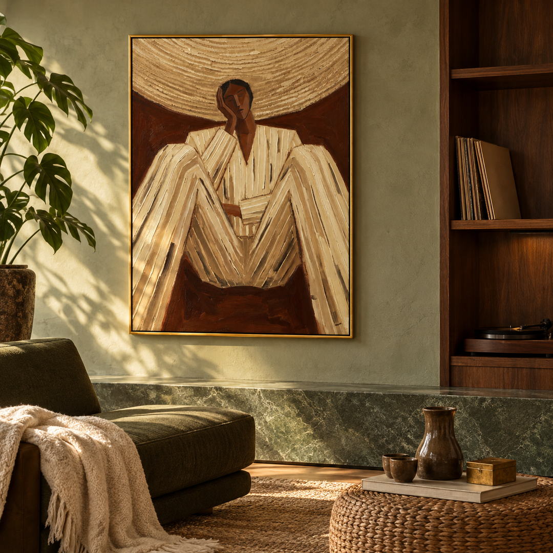 textured figurative portrait wall art in cream brown and gold in a coordinated modern interior
