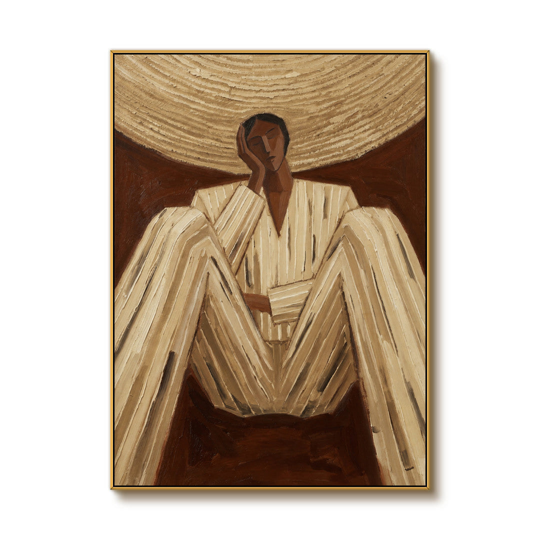 textured figurative portrait wall art in cream brown and gold on a clean white background
