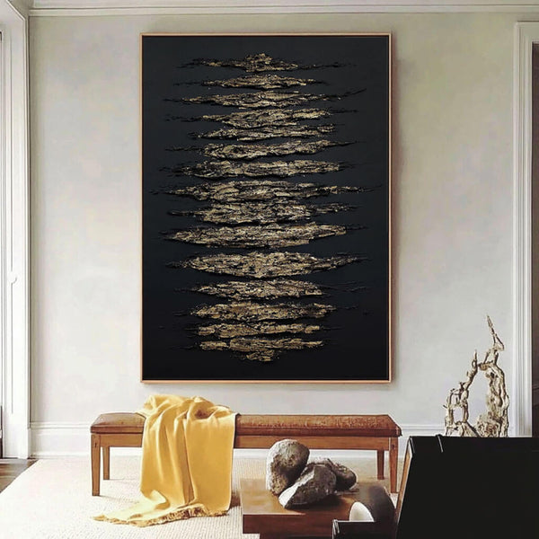 Black Abstract Hand Painted Textured Canvas Oil Painting - Contemporary Gold Minimalist Large Wall Art - Golden Fissure I - Hues Art Lab