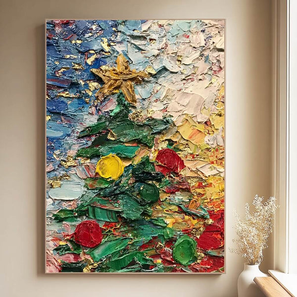 Golden Noel - Golden Textured Christmas Tree Oil Painting