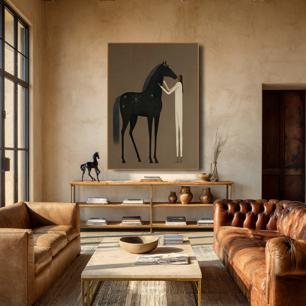 minimalist black horse and figure wall art in a coordinated modern interior