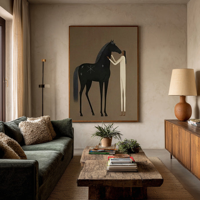 minimalist black horse and figure wall art in a coordinated modern interior