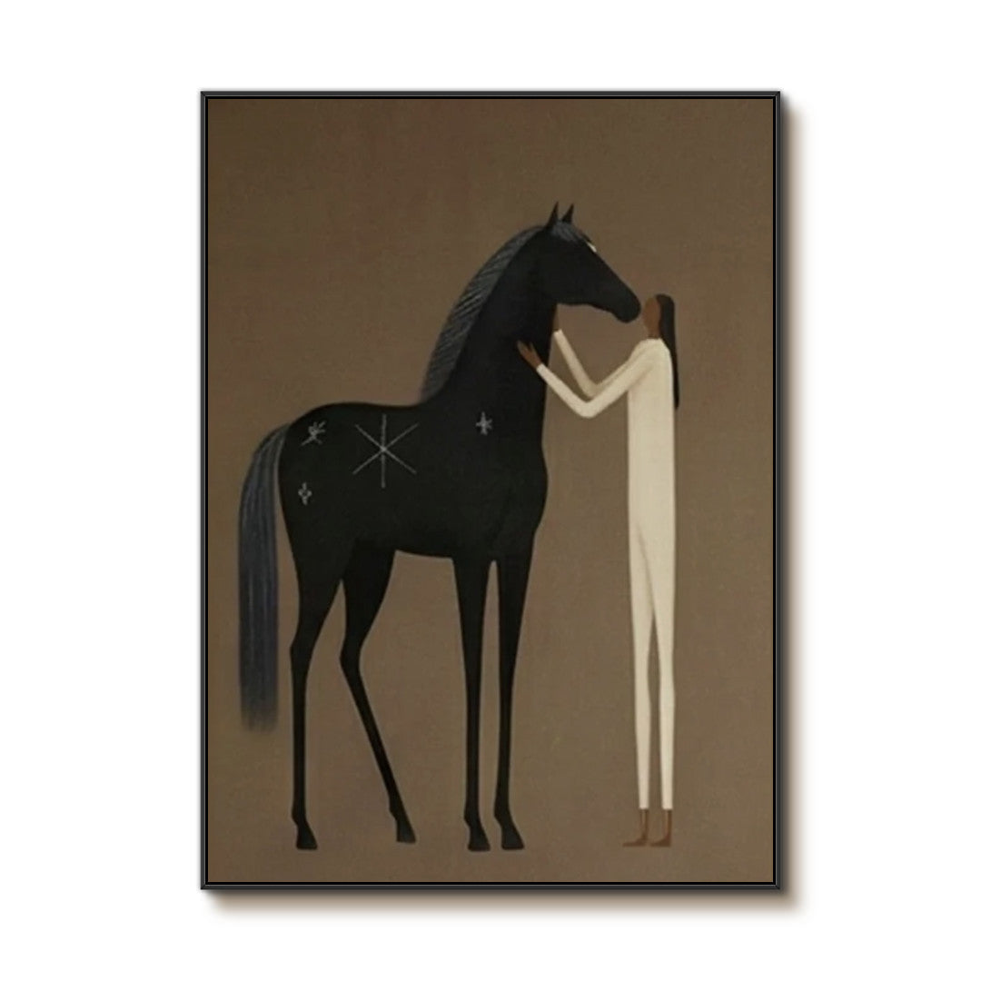 minimalist black horse and figure wall art on a clean white background