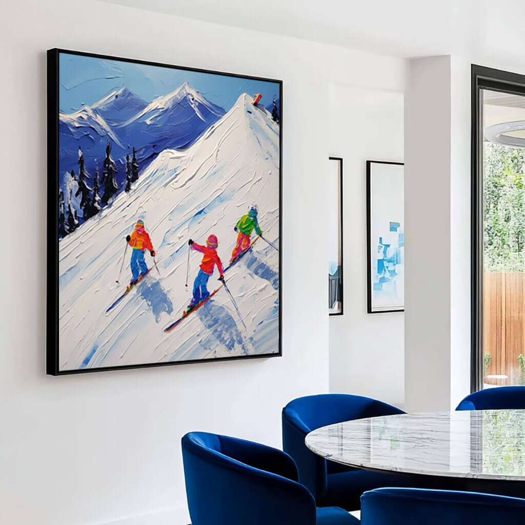 Dynamic Skiing Artwork with Vibrant Winter Mountain Scene - Hit the Slopes - Hues Art Lab