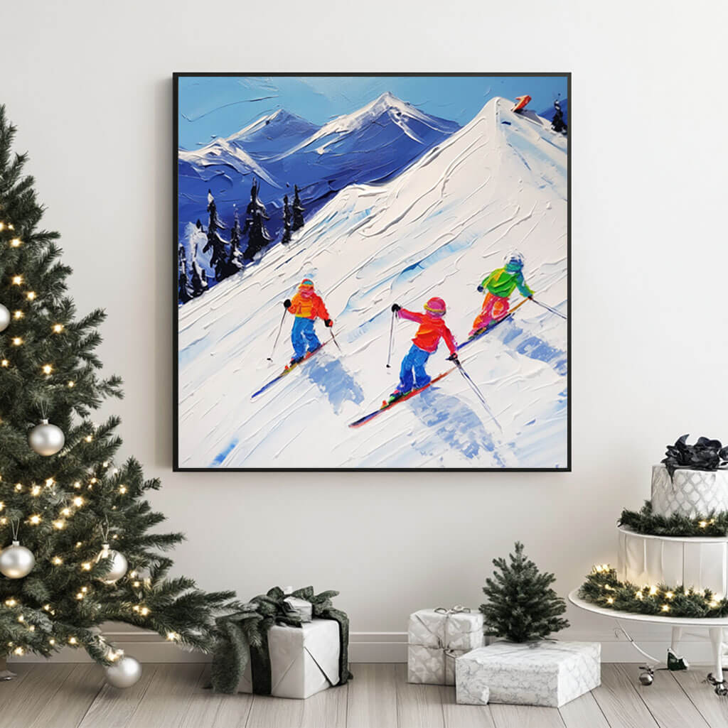 Dynamic Skiing Artwork with Vibrant Winter Mountain Scene - Hit the Slopes - Hues Art Lab