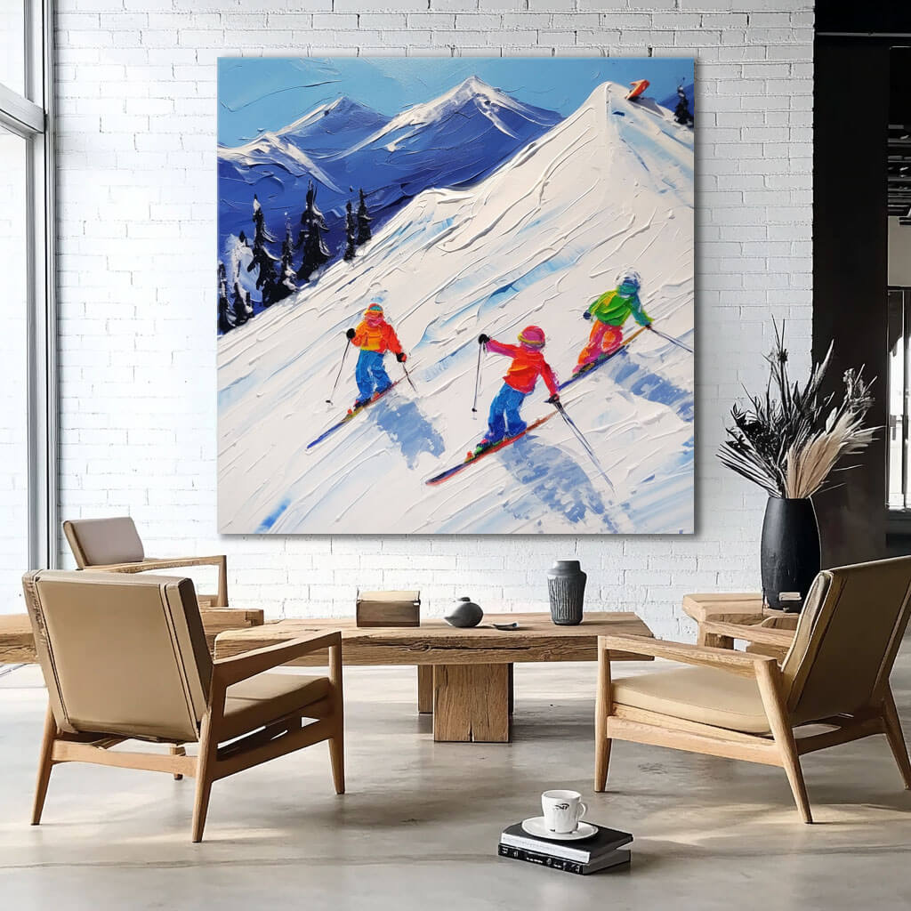 Dynamic Skiing Artwork with Vibrant Winter Mountain Scene - Hit the Slopes - Hues Art Lab