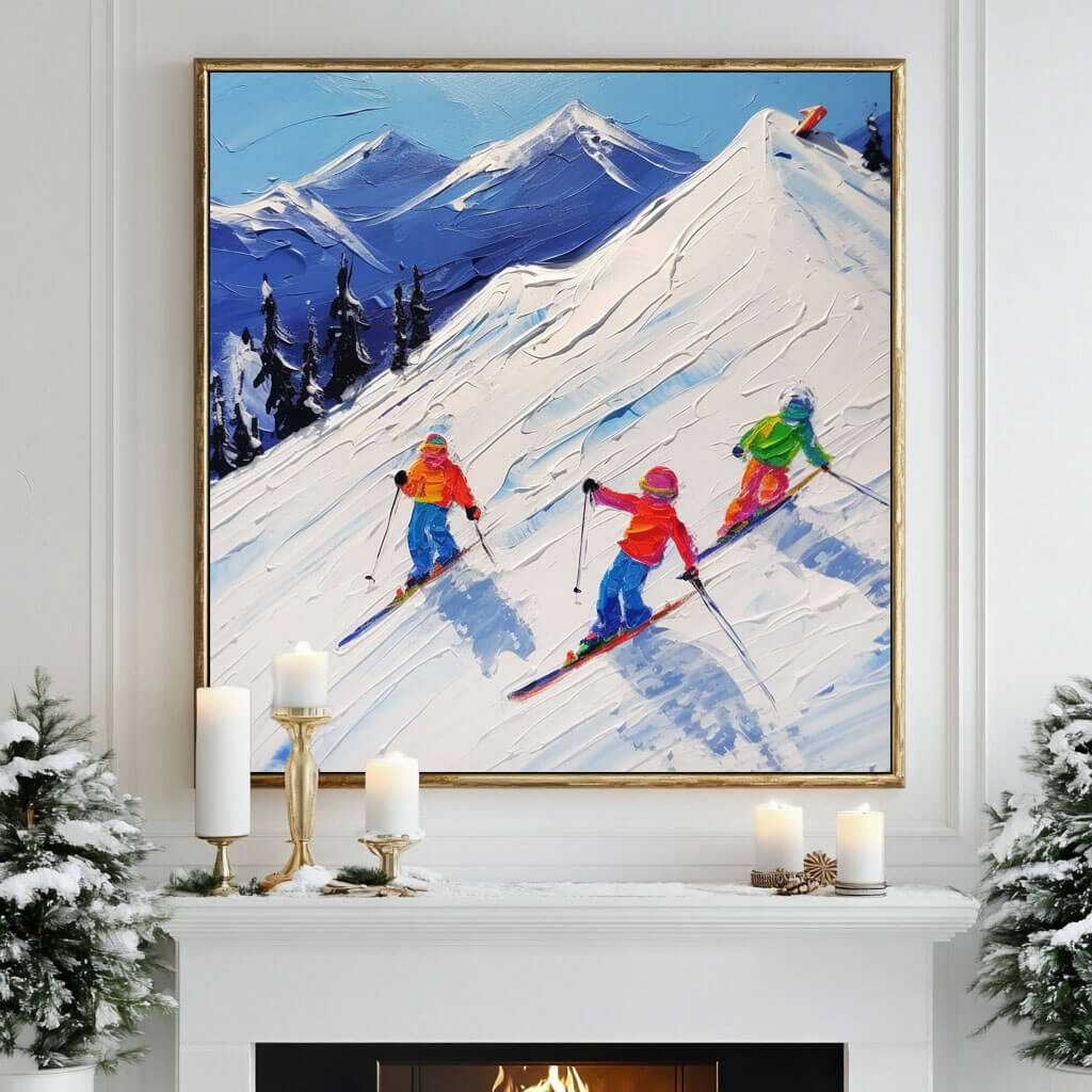 Dynamic Skiing Artwork with Vibrant Winter Mountain Scene - Hit the Slopes - Hues Art Lab