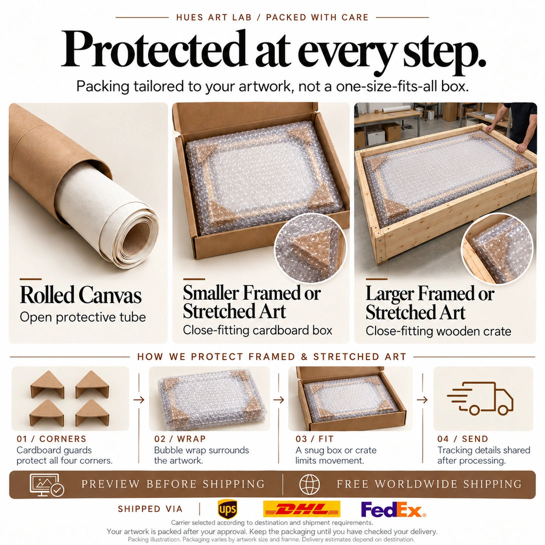 Protective artwork packaging: rolled canvas tube, corner guards, bubble wrap, fitted carton and large wooden crate.