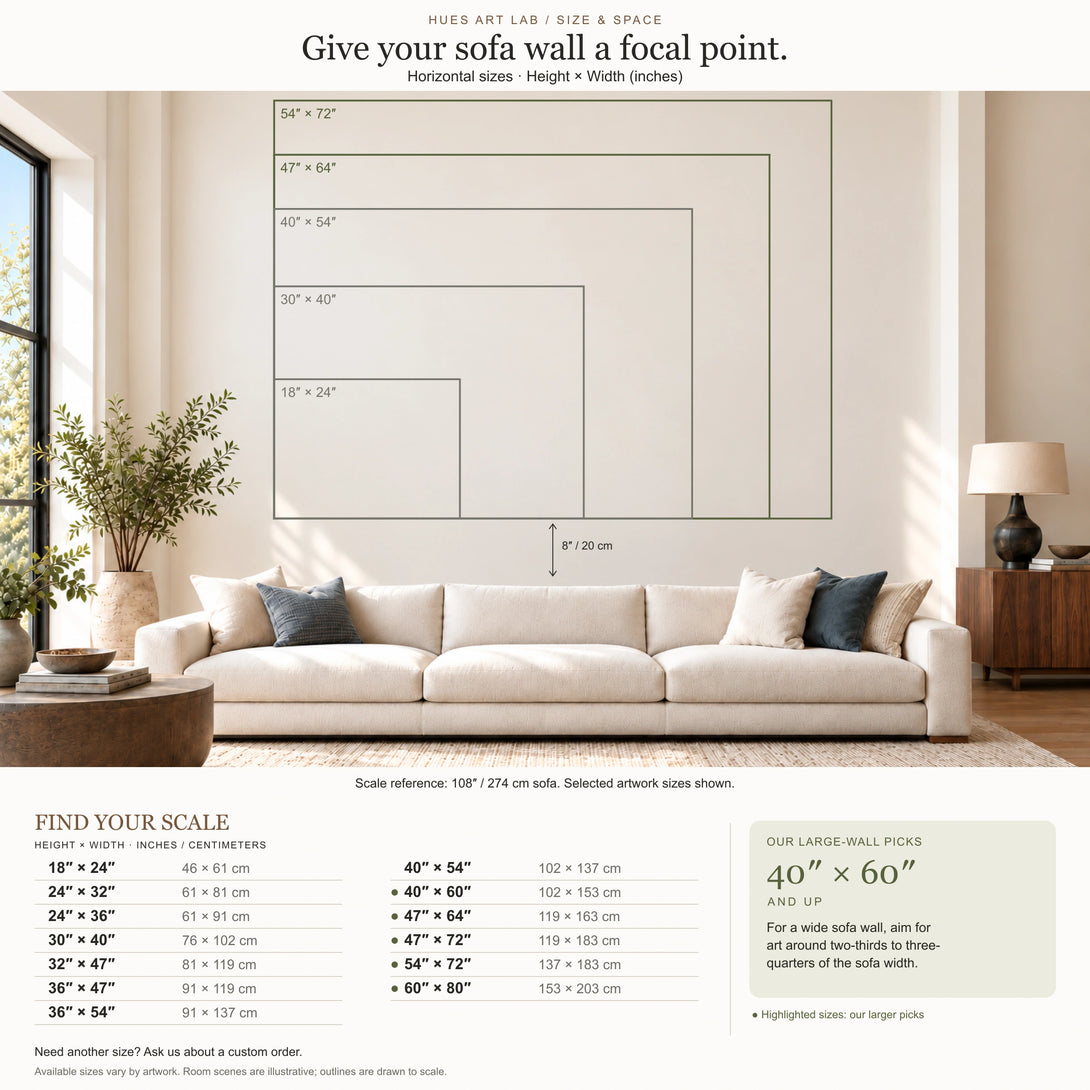 Horizontal wall art size guide with height × width measurements, sofa-scale comparison and larger-size recommendations.
