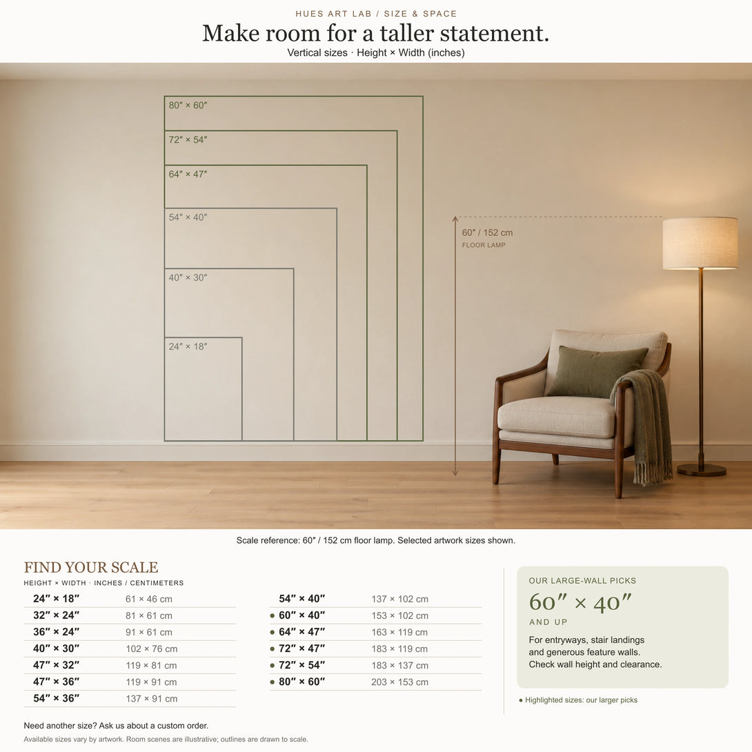 Vertical wall art size guide with height × width measurements, floor-lamp scale reference and larger-size recommendations.