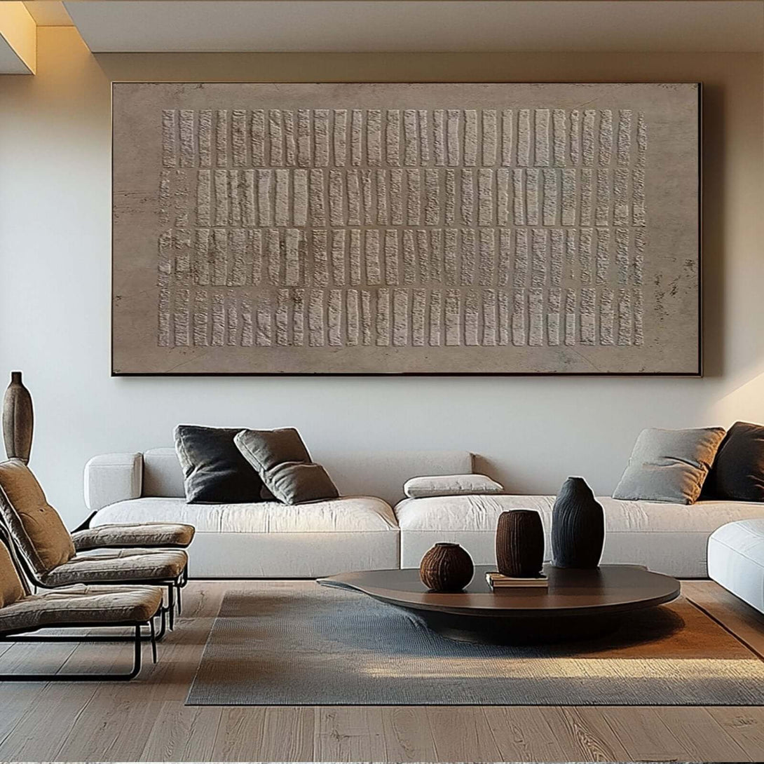 Modern Minimalist Beige Textured Painting - Horizontal Wabi Sabi Abstract Canvas D鑼卌or - Imprint Sequence - Hues Art Lab