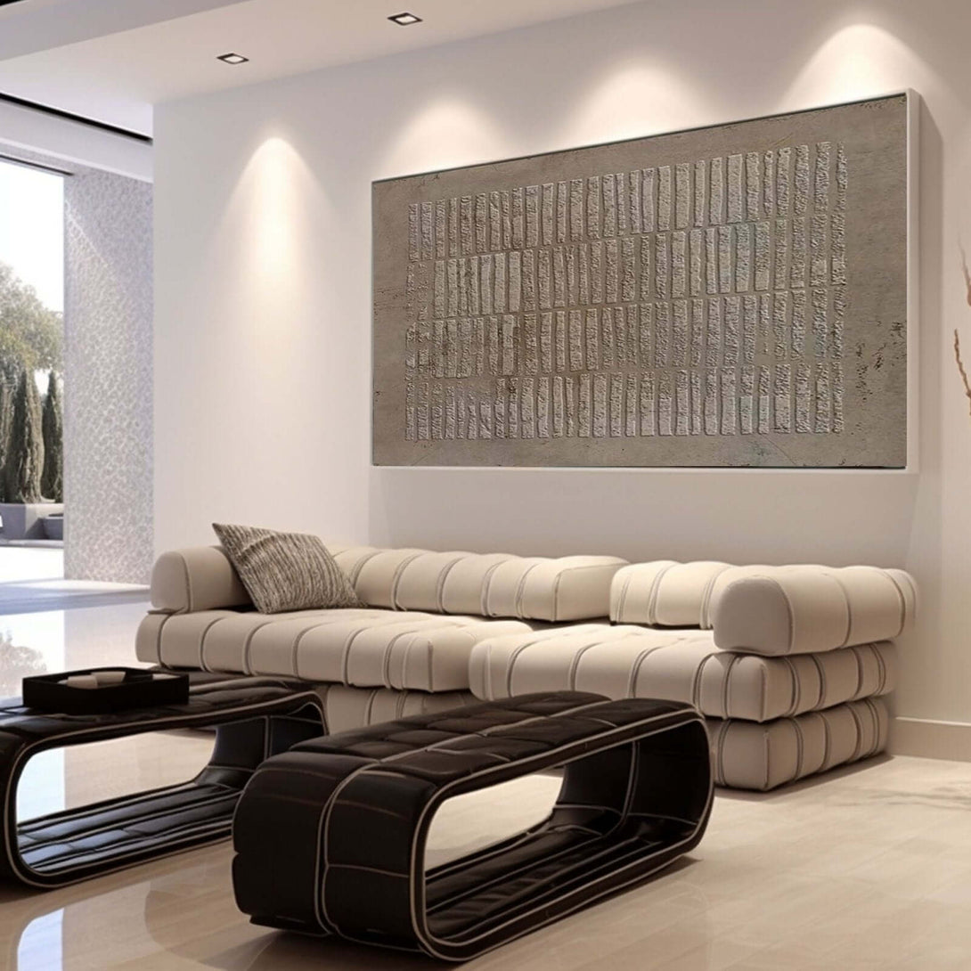 Modern Minimalist Beige Textured Painting - Horizontal Wabi Sabi Abstract Canvas D鑼卌or - Imprint Sequence - Hues Art Lab