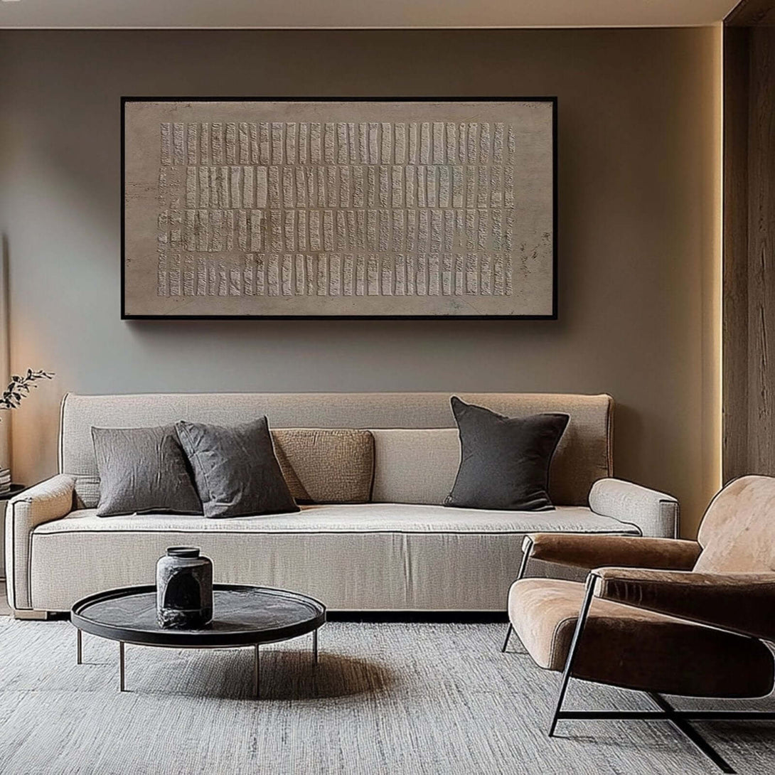 Modern Minimalist Beige Textured Painting - Horizontal Wabi Sabi Abstract Canvas D鑼卌or - Imprint Sequence - Hues Art Lab