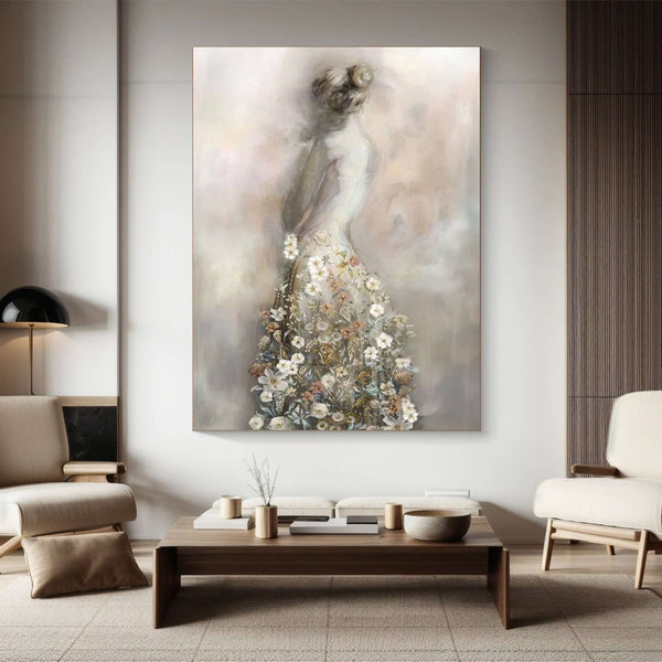 Romantic Lady Wall Art - Hand-Painted Oil Artwork with Flower Details - In Bloom She Stands - Hues Art Lab
