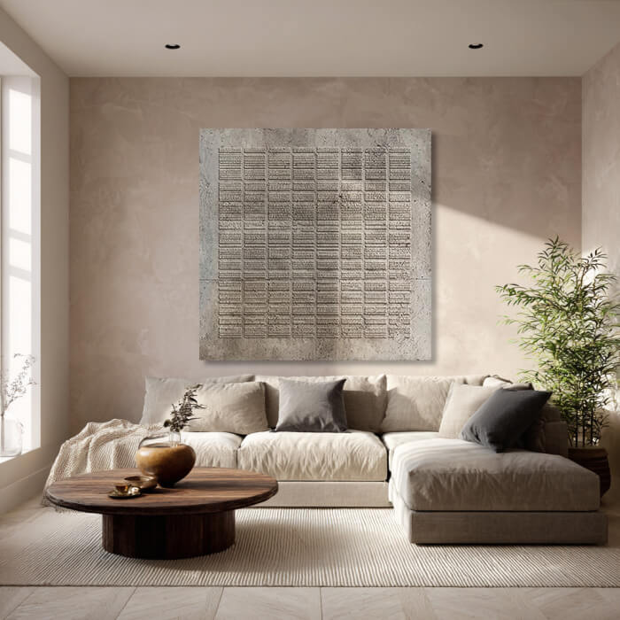 Index of Civilizations hand textured relief painting with layered grid forms