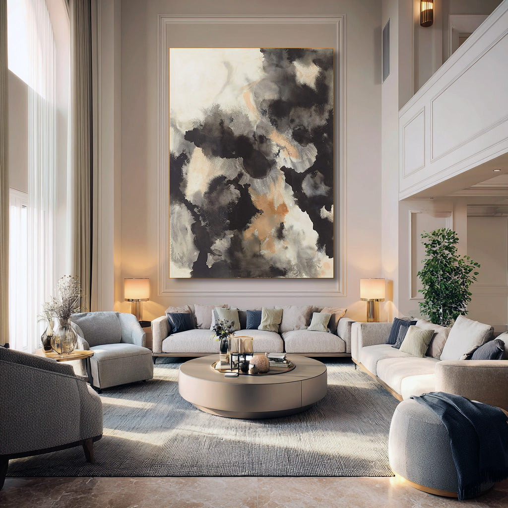 Ink Flowing Clouds framed minimalist canvas print in a calm modern room