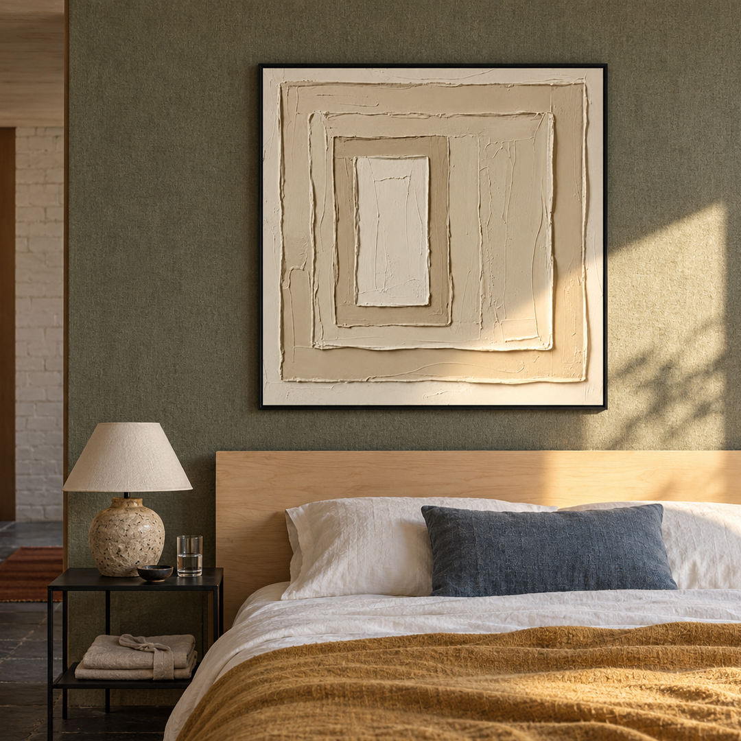 neutral sculptural textured wall art with layered cream square relief in a coordinated modern interior