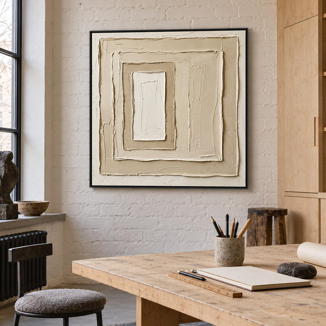 neutral sculptural textured wall art with layered cream square relief in a coordinated modern interior