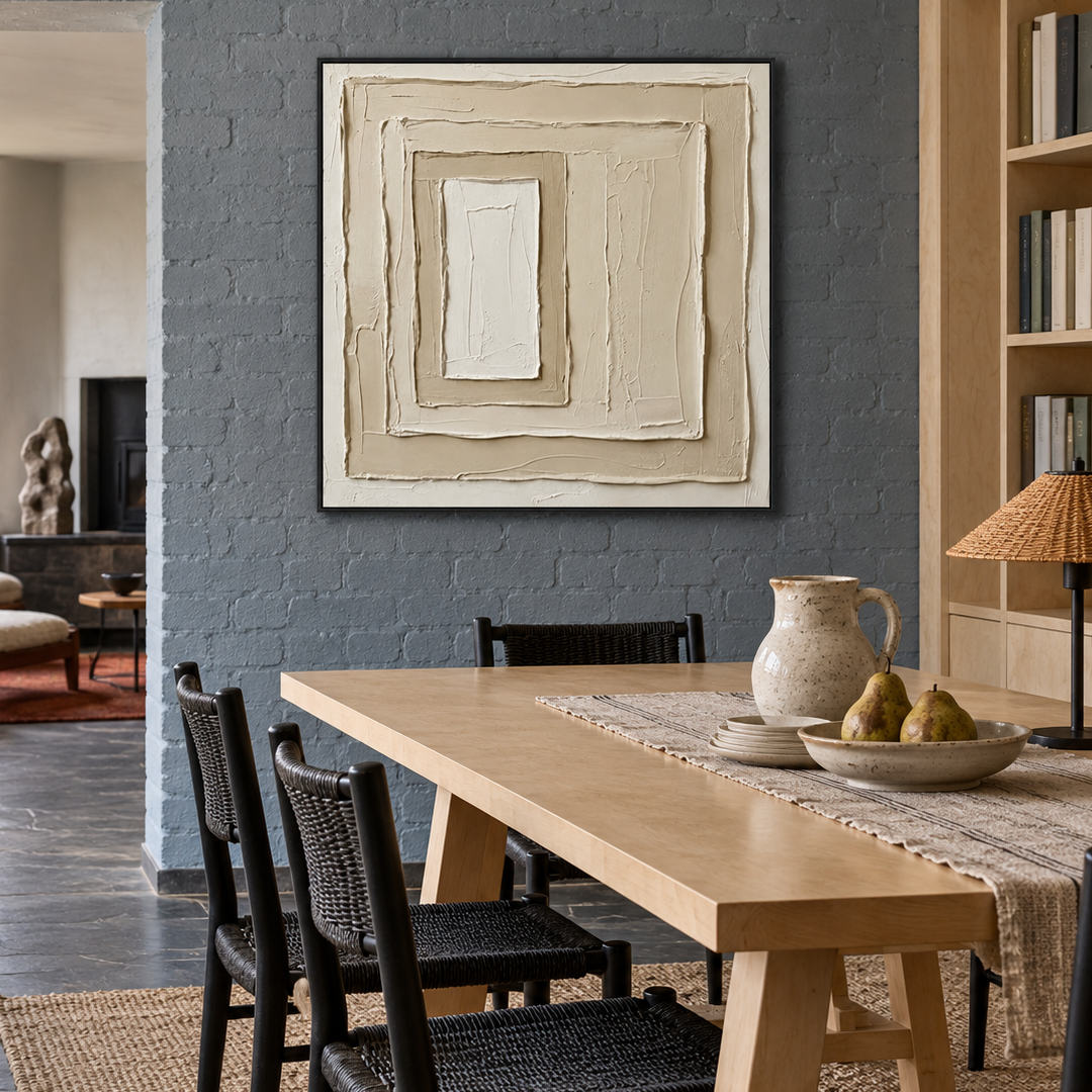 neutral sculptural textured wall art with layered cream square relief in a coordinated modern interior