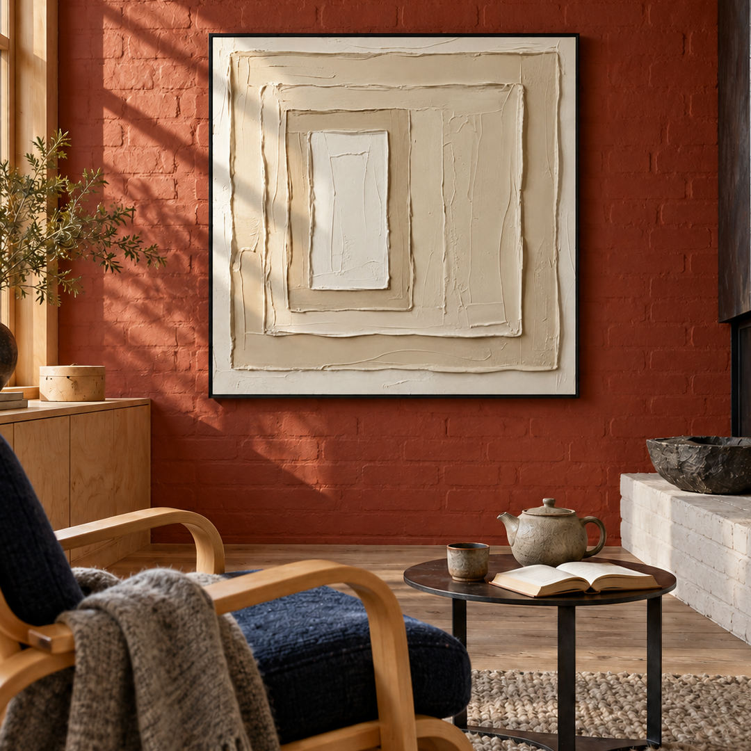 neutral sculptural textured wall art with layered cream square relief in a coordinated modern interior