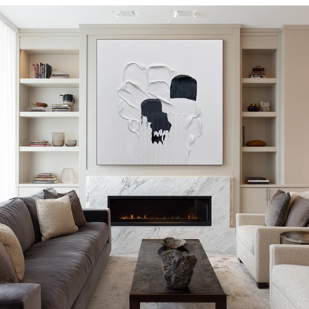 Intertwining of White and Black minimalist black white impasto texture wall art by Hues Art Lab