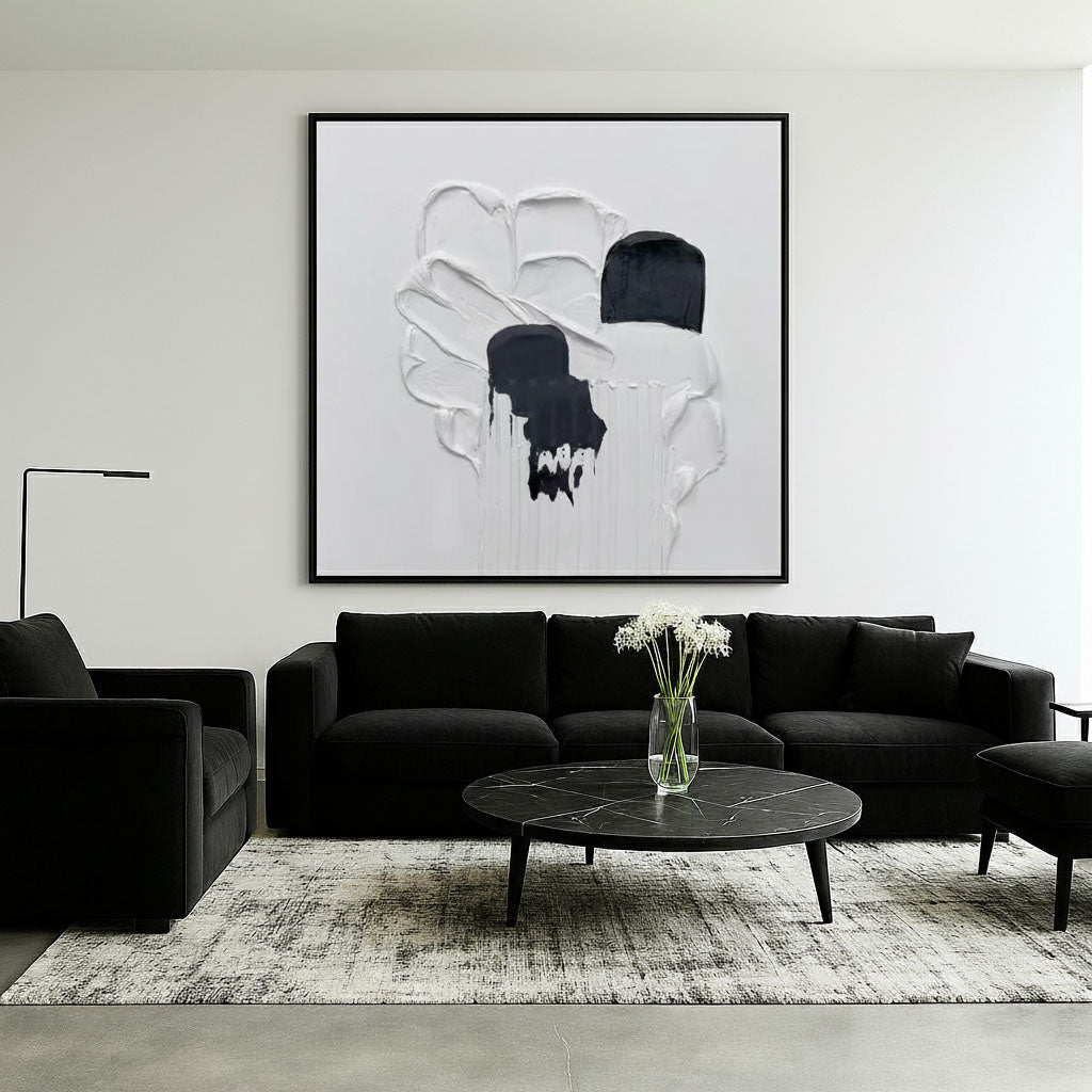 Intertwining of White and Black textured painting with intertwined forms