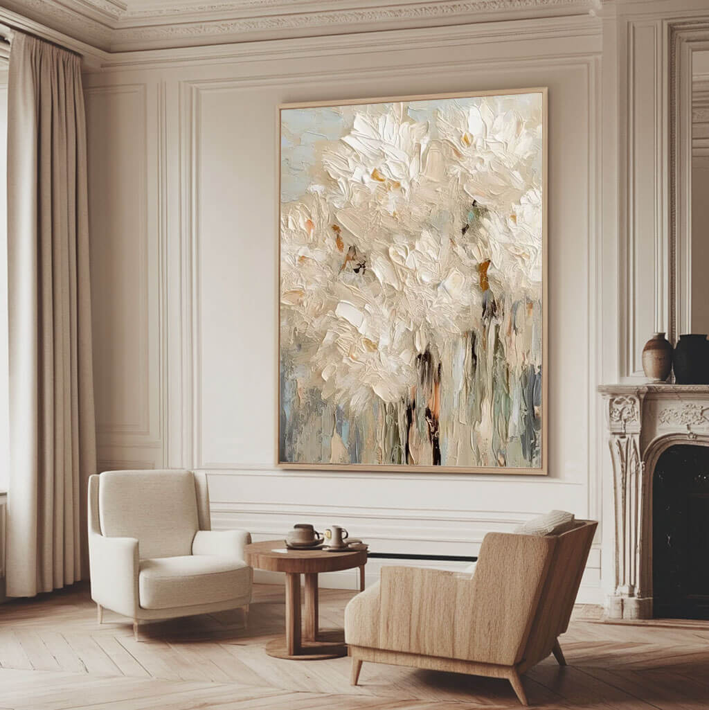 Textured Floral Oil Painting - White Flower Canvas Wall Art