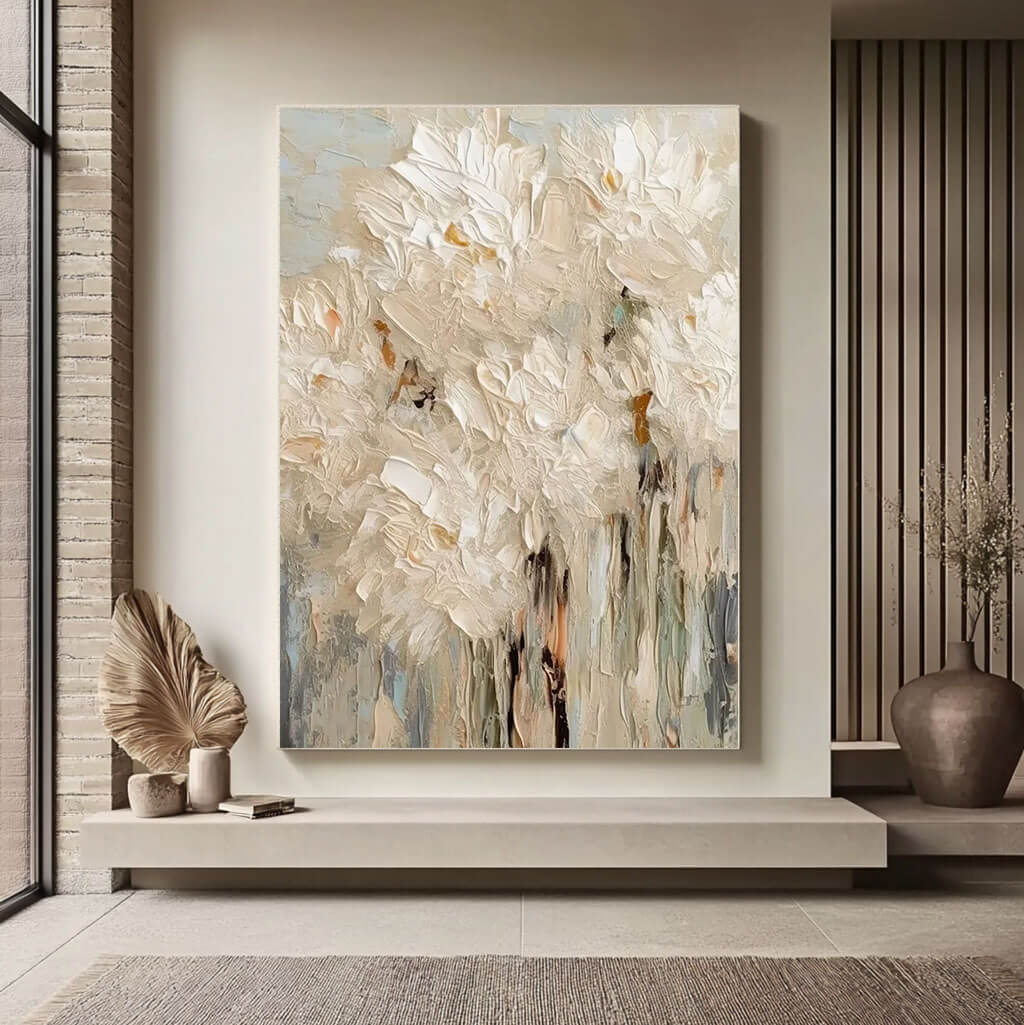 Textured Floral Oil Painting - White Flower Canvas Wall Art