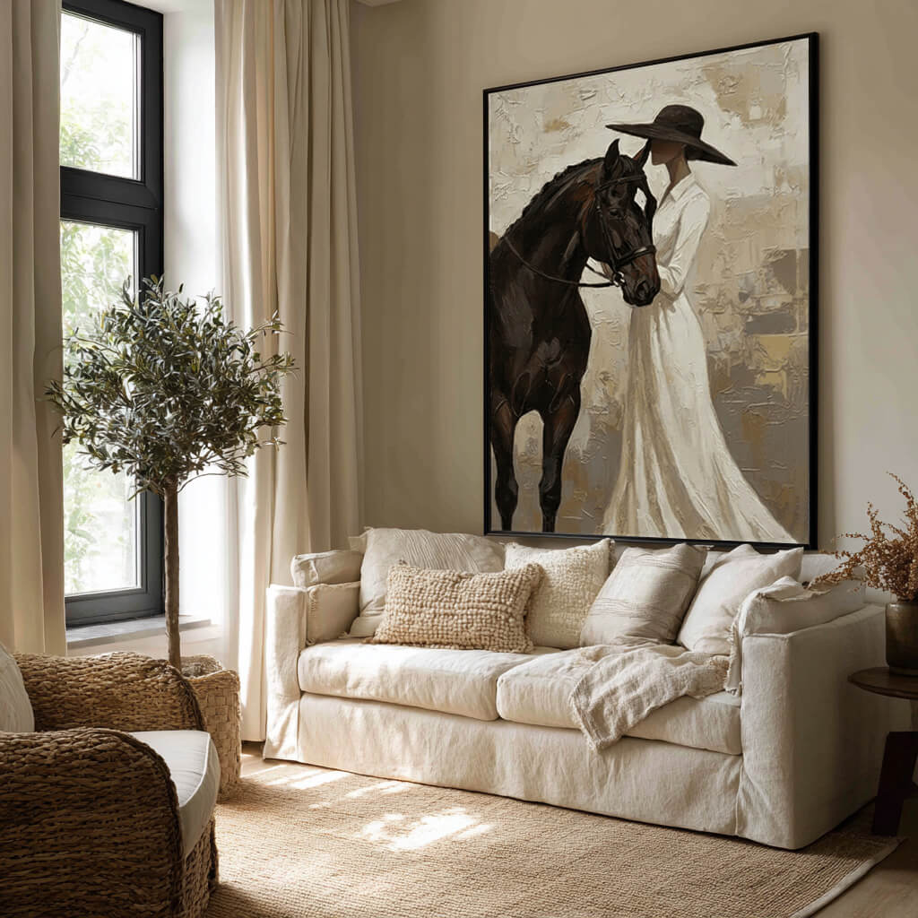 neutral cowgirl and black horse wall art in cream and white in a coordinated modern interior