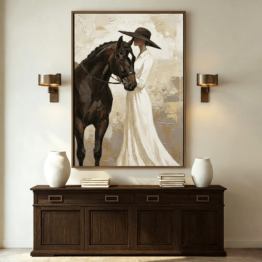 neutral cowgirl and black horse wall art in cream and white in a coordinated modern interior