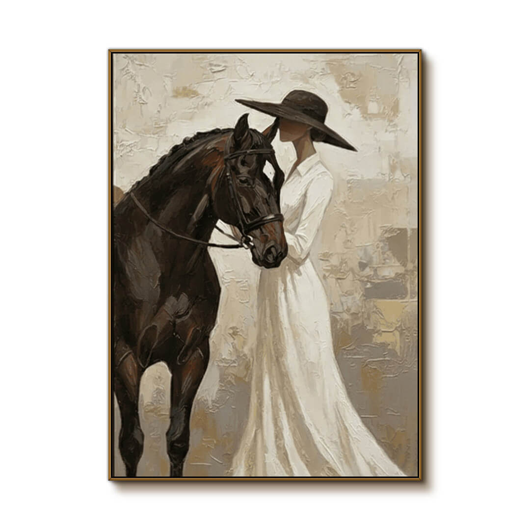 neutral cowgirl and black horse wall art in cream and white on a clean white background