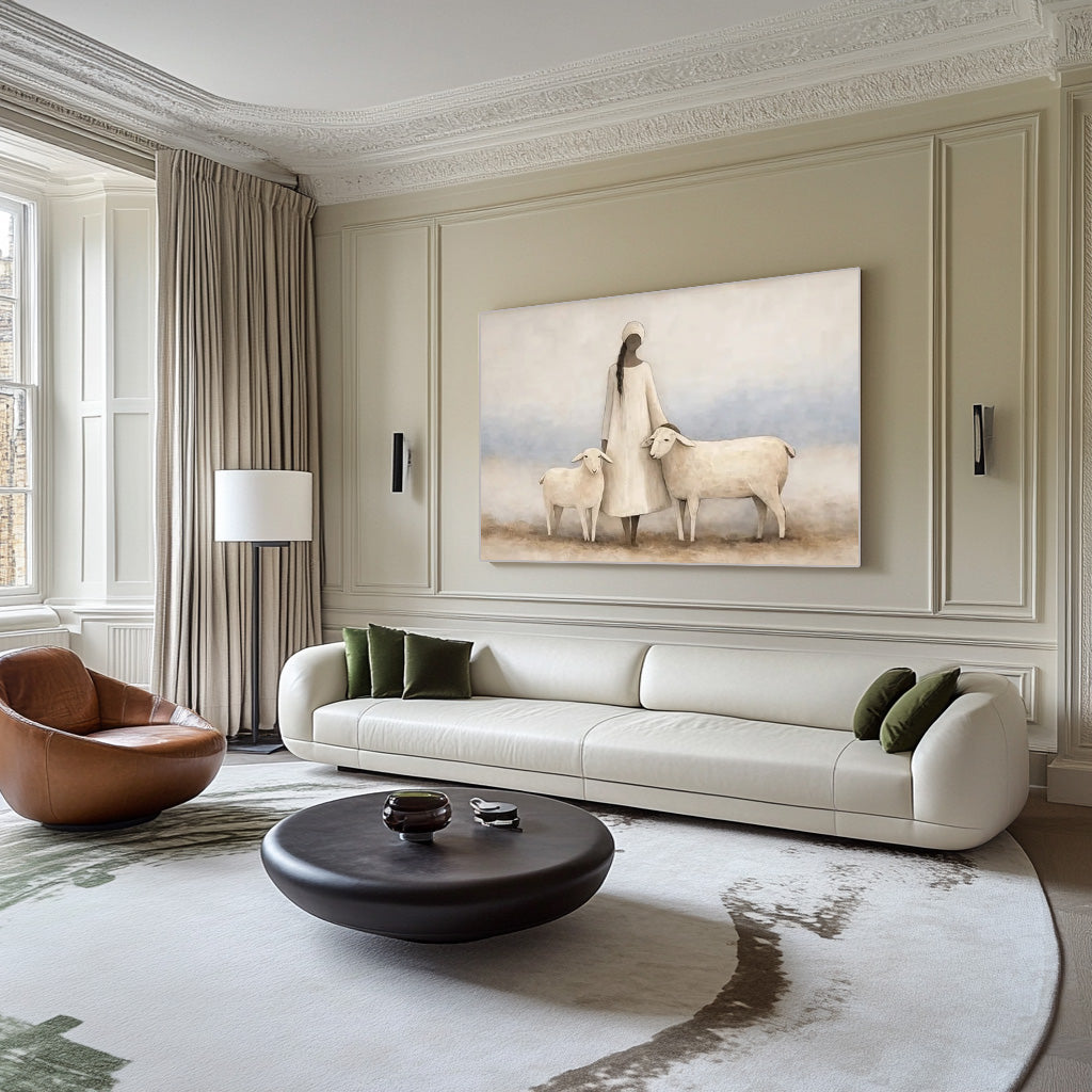 soft figurative woman and sheep wall art in a coordinated modern interior