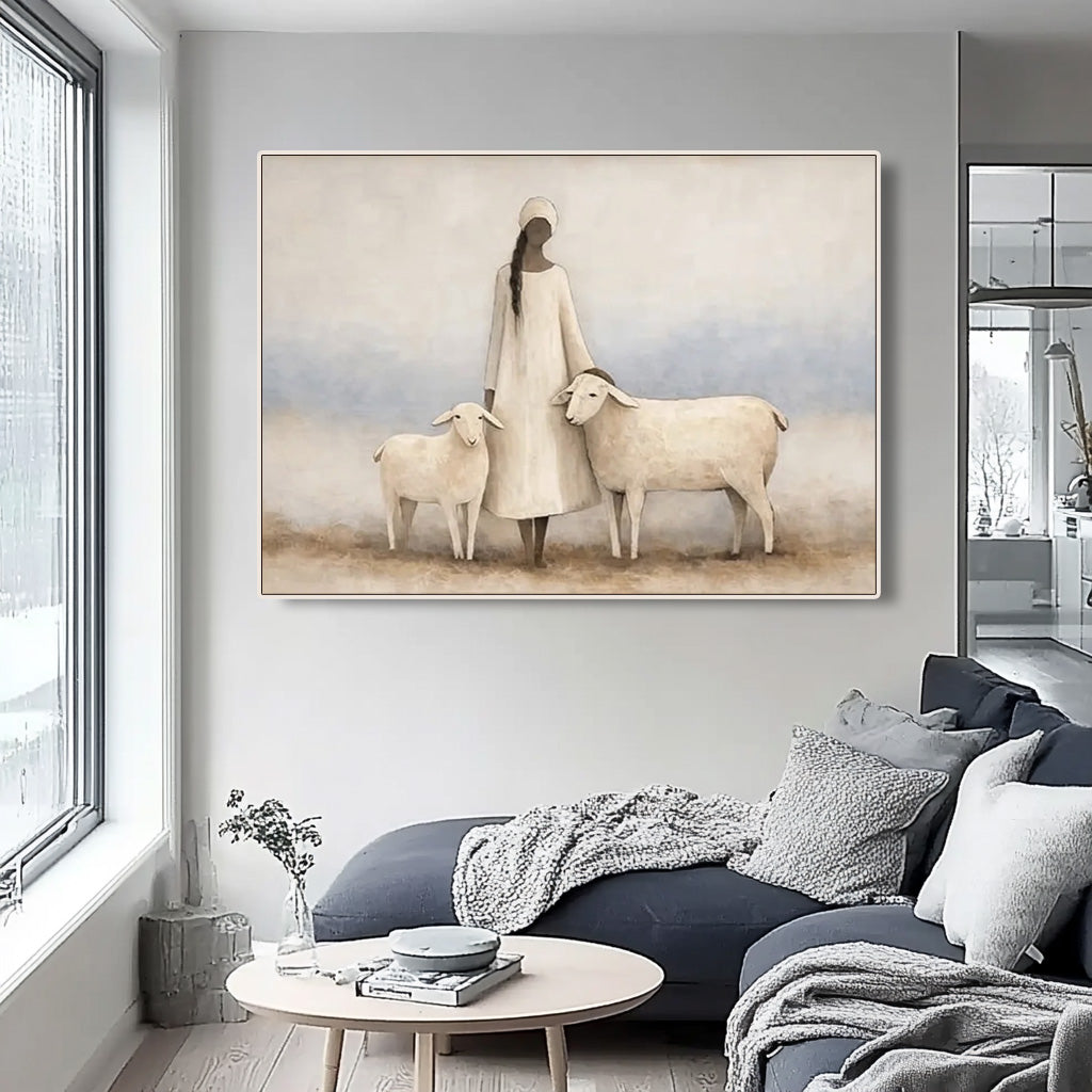 soft figurative woman and sheep wall art in a coordinated modern interior