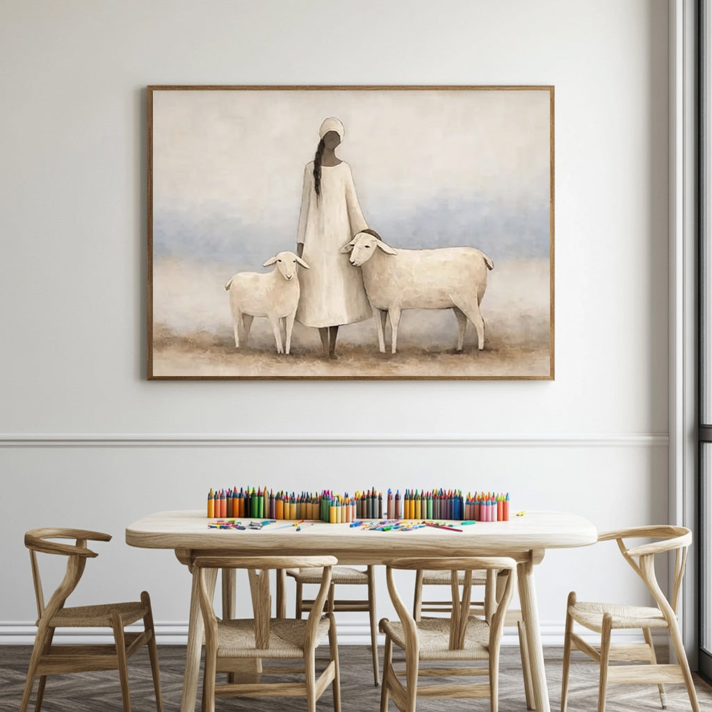 soft figurative woman and sheep wall art displayed in a styled living room