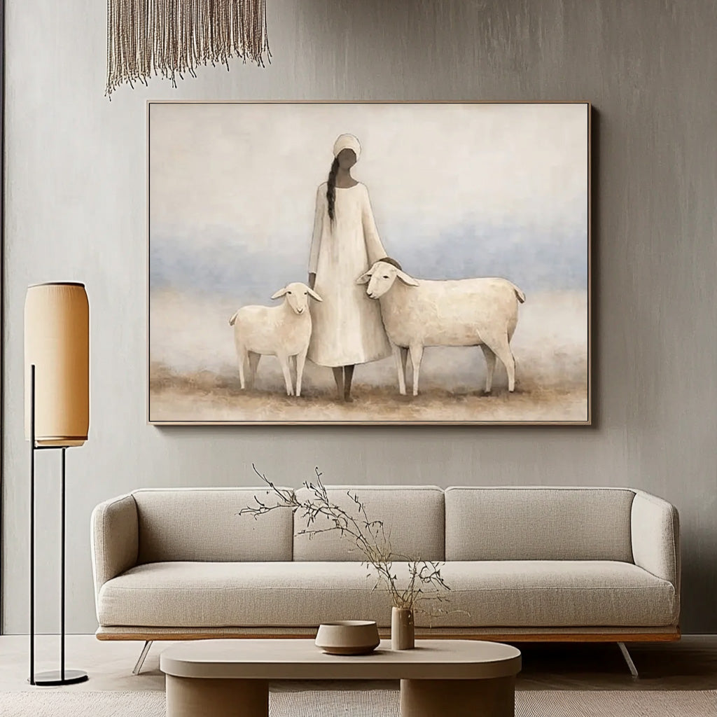 soft figurative woman and sheep wall art in a coordinated modern interior