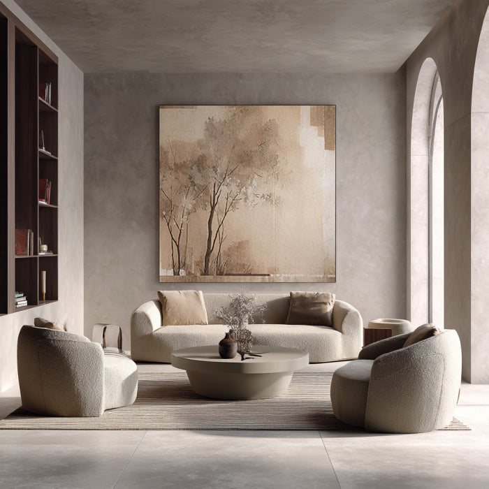 Khaki Echoes framed earthy canvas print styled in a neutral room