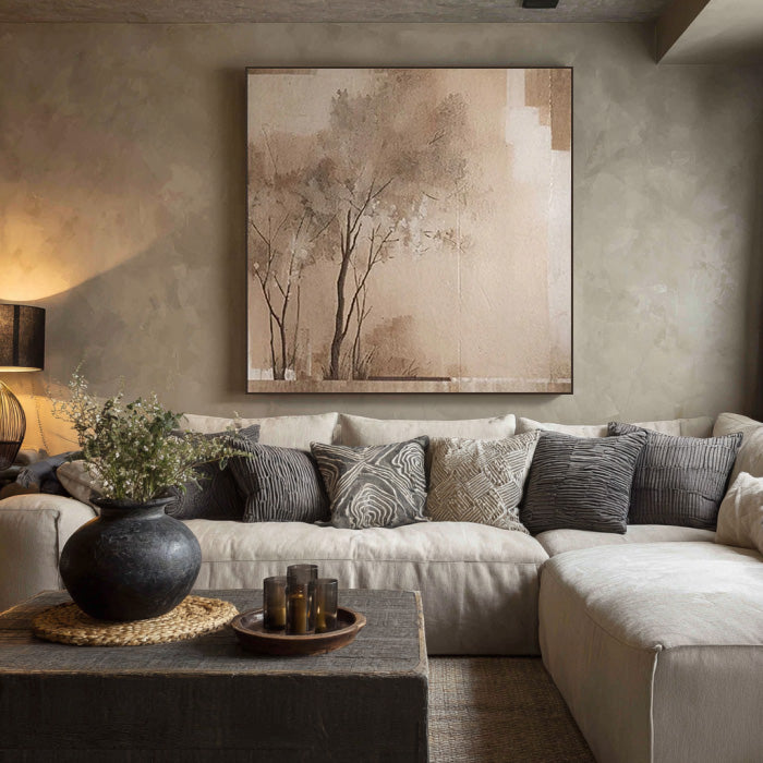 Khaki Echoes wabi sabi painting with quiet horizon and textured khaki layers