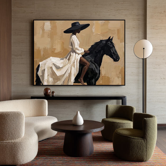 Modern textured cowgirl painting with horse and western style - Lady of the Wind - Hues Art Lab