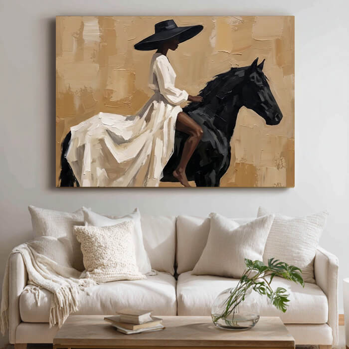 Modern textured cowgirl painting with horse and western style - Lady of the Wind - Hues Art Lab