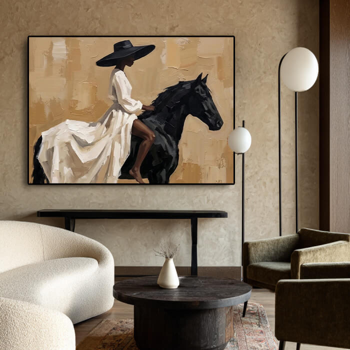 Modern textured cowgirl painting with horse and western style - Lady of the Wind - Hues Art Lab