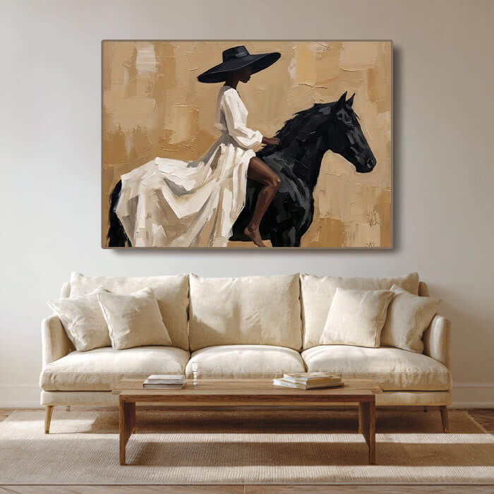 Modern textured cowgirl painting with horse and western style - Lady of the Wind - Hues Art Lab