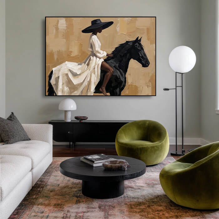 Modern textured cowgirl painting with horse and western style - Lady of the Wind - Hues Art Lab