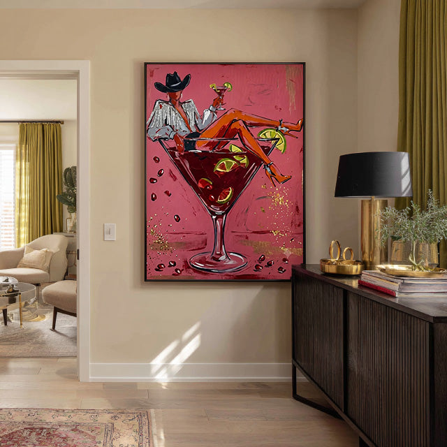 pop Western cowgirl cocktail wall art in pink red and orange in a coordinated modern interior