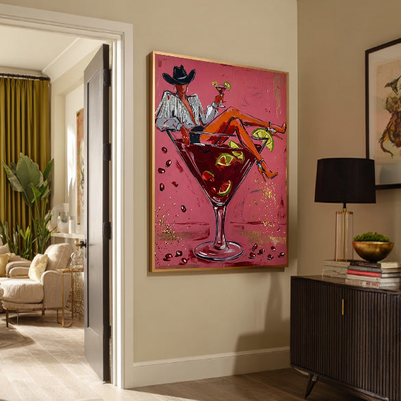 pop Western cowgirl cocktail wall art in pink red and orange in a coordinated modern interior