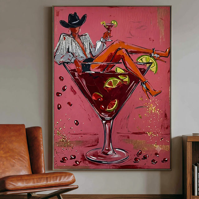 pop Western cowgirl cocktail wall art in pink red and orange in a coordinated modern interior